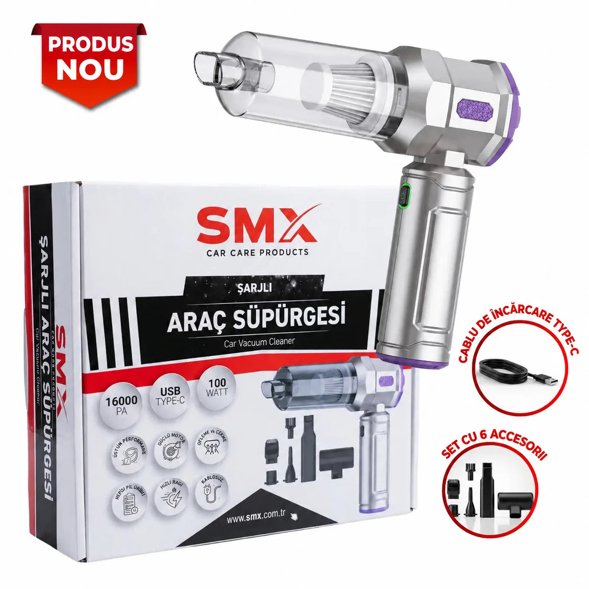 Aspirator auto SMX cu rozet și accesorii în Română
